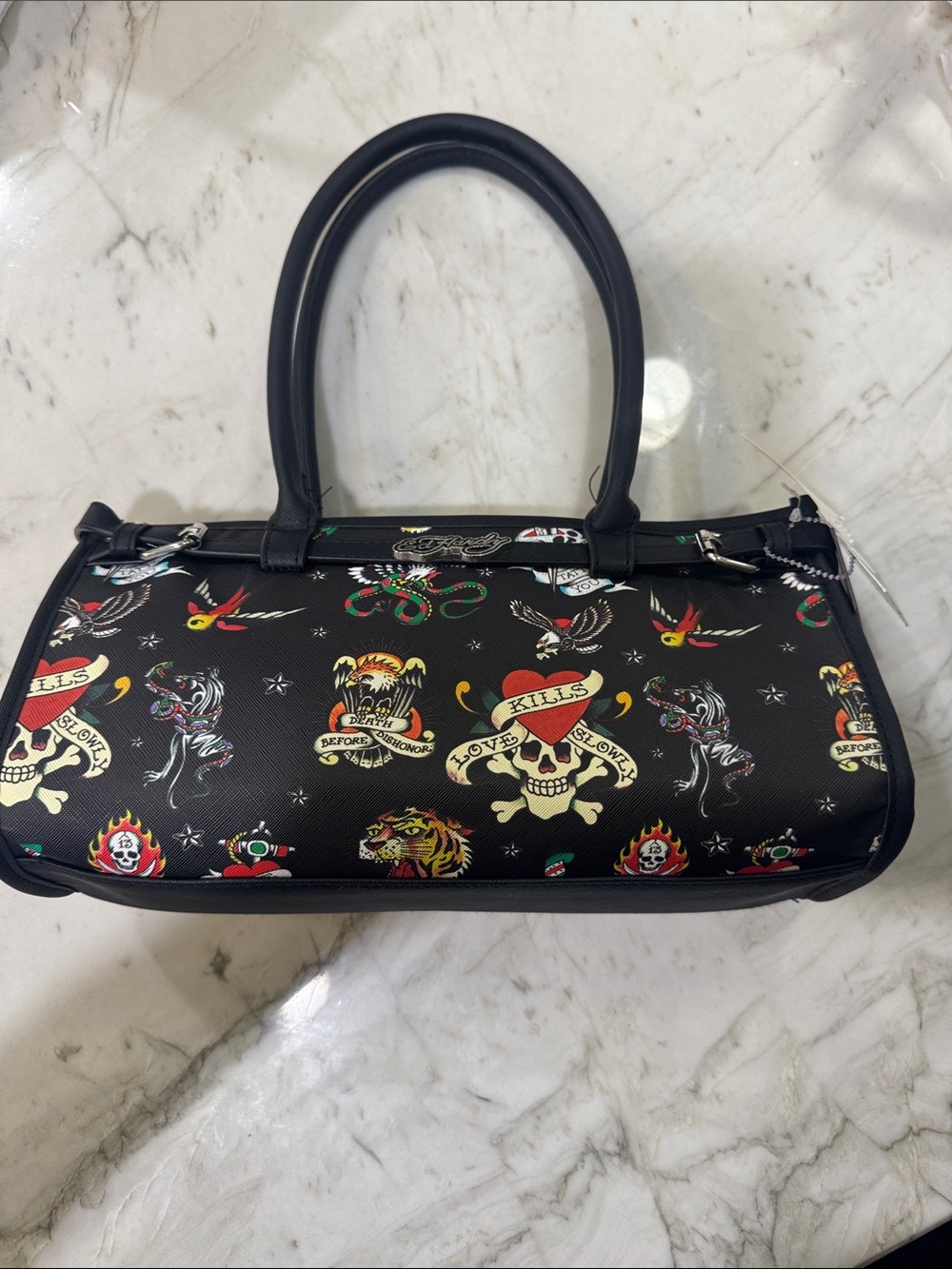 Ed Hardy Black Satchel with Multicolor Tattoo Prints
